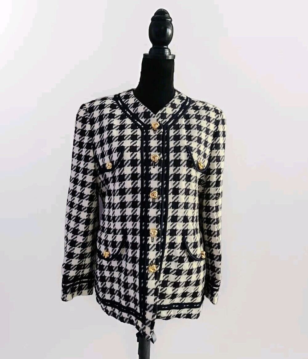 Escada Margaretha Ley Old Money Houndstooth Wool Blend Blazer Gold Buttons EU 40